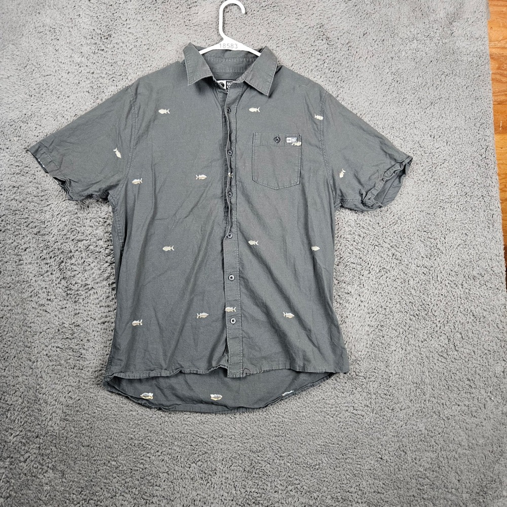 Salty Crew Mens Large Gray Fish Print Short Sleeve Button Up Shirt